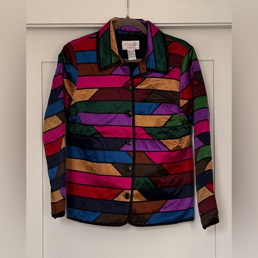 Victor Costa Multicolor Striped Quilted Bomber Jacket